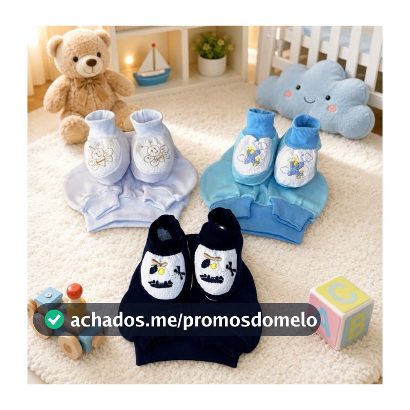 Kit Pantufa bordada, Touca e Luvas, Para Bebê Temos 2 Opções Kit 3 e 9 Peças Malha Hipoalergênico 100% algodão.