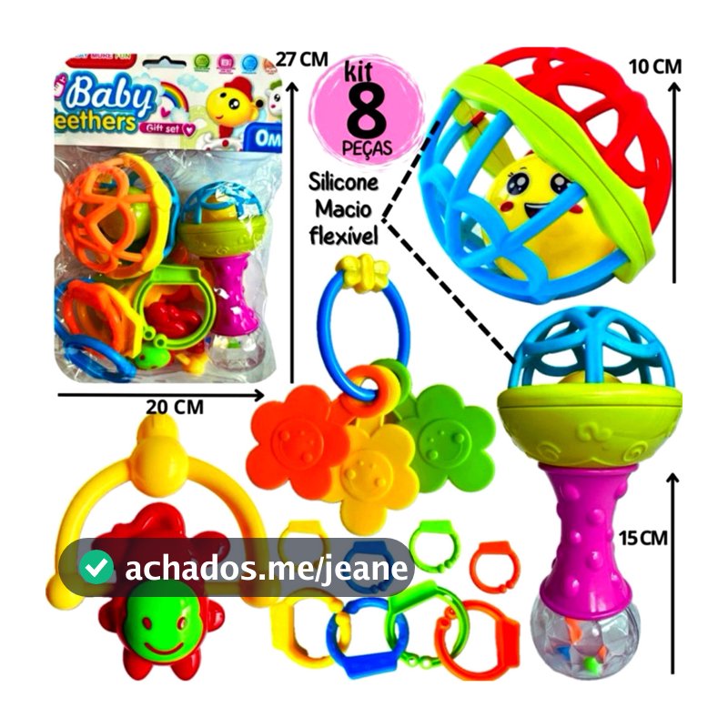 Kit Chocalho e Mordedor Bebê 8 Peças Colorido Silicone Macio Presente Menino e Menina