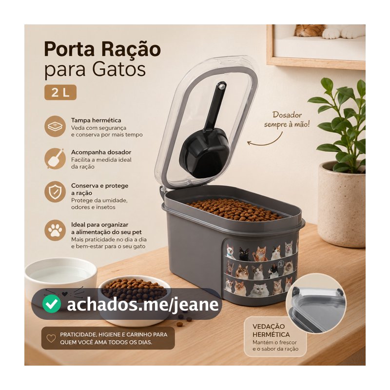 Porta Ração Pets Cães e Gatos 2 Litros Tampa Hermetica e Dosador Conserva e Protege