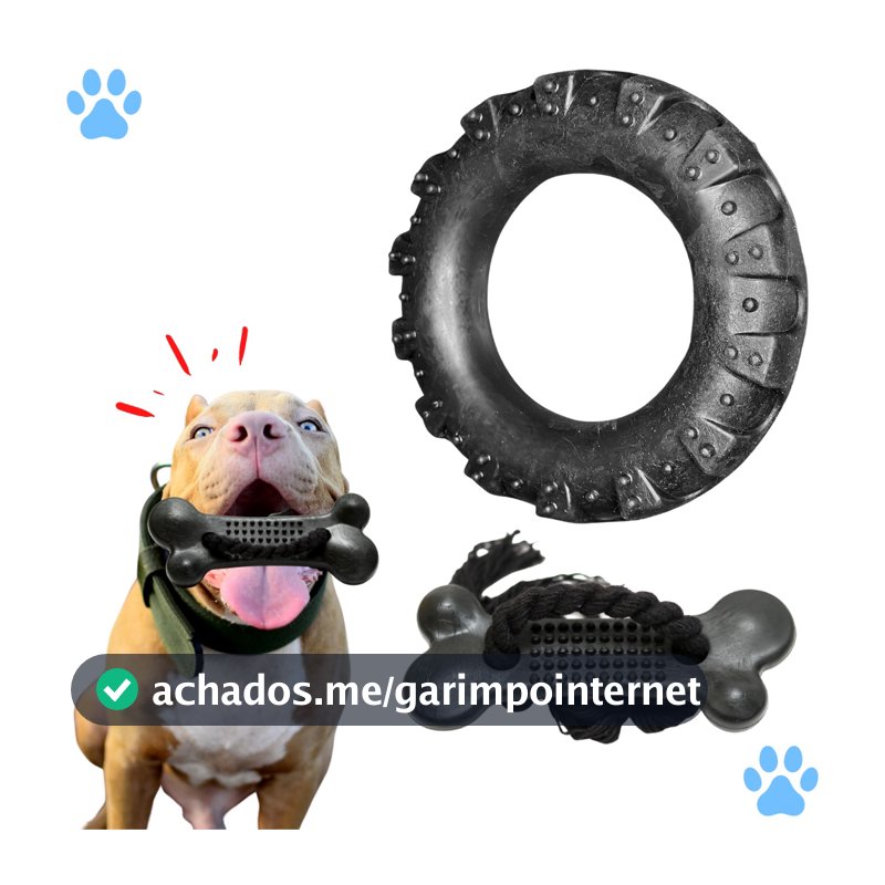 Kit Brinquedo Mordedor para Cachorro Pneu G + Osso Ossinho Massageador Grande Black com Corda