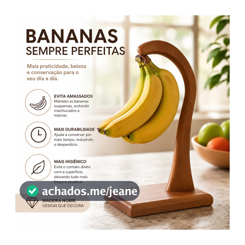 Suporte Para Banana Fruteira Gancho Madeira Maciça Bancada Cozinha Pendurar Frutas