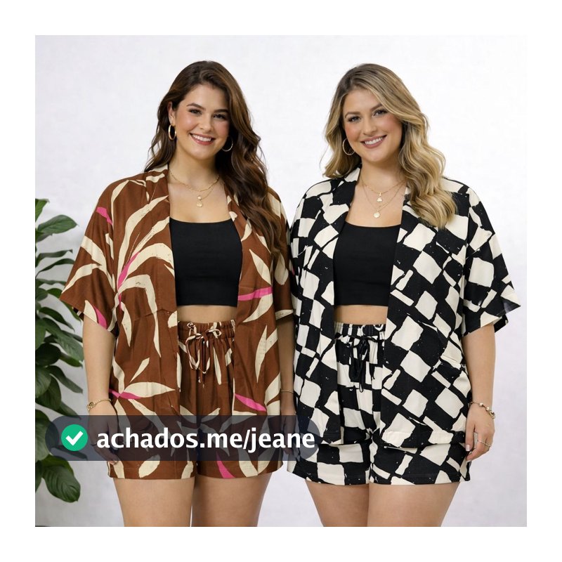 Conjunto Kimono Short Kimono Duas Peças Moda Praia Estampado Listras Floral Plus Size