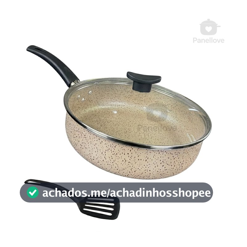 Frigideira Antiaderente Alta Funda 18 cm Teflon Tampa de Vidro e Espátula Cor Vanilla Bege Marrom
