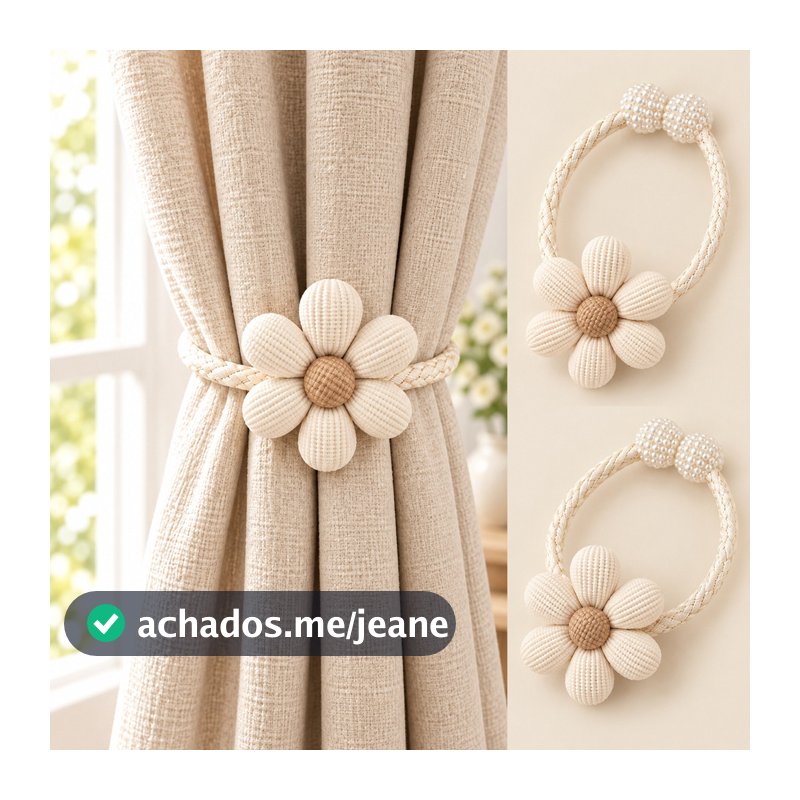 Kit 2 Prendedores De Cortina Com Flor Decorativa E Cordão Trançado Com Bolas De Pérola