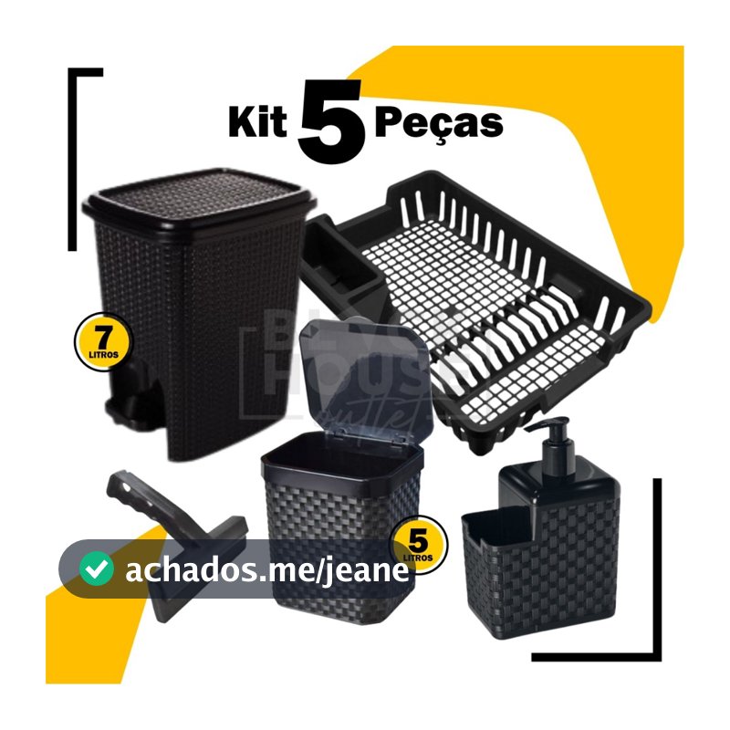 Kit Lixeira Pia 5 Litros + Lixeira 7 Litros + Porta Detergente + Rodinho de Pia + Escorredor Louça