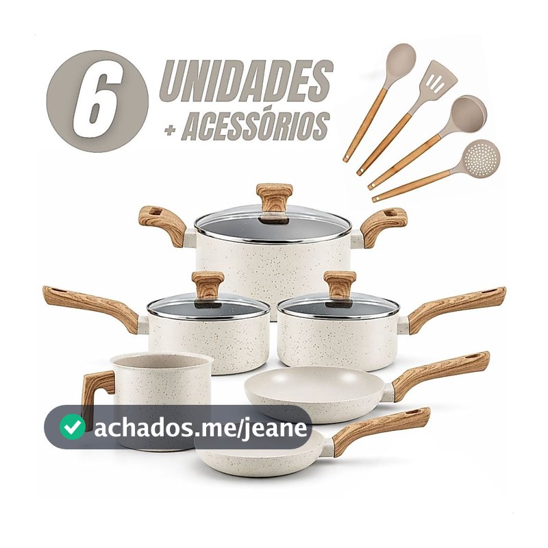 Jogo de Panelas 6 Peças Antiaderentes com Tampa de Vidro Temperada com 4 Utensílios de Cozinha