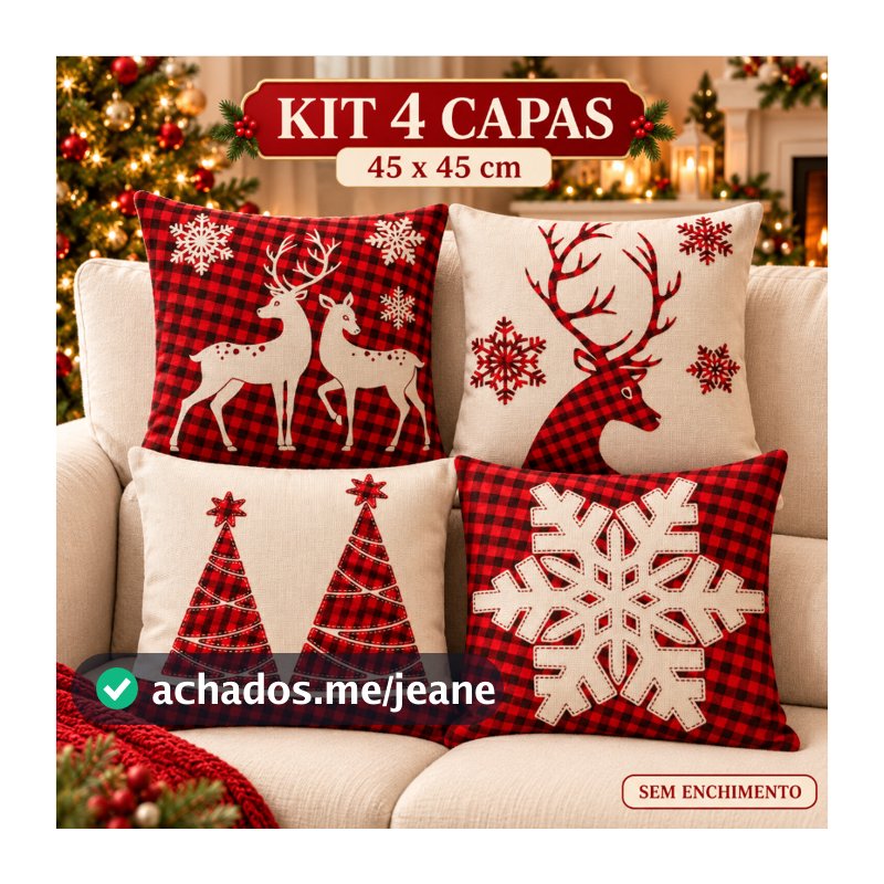 Kit 4 Capas de Almofadas Natalinas Decorativas 45x45 Estampadas C/ Ziper
