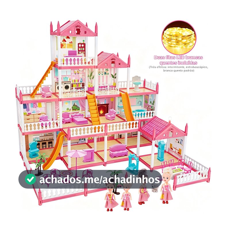 Casa de Boneca Princesa 4 Andares 14 Cômodos com Luz LED, 4 Bonecas, Escorregador e Móveis Completos Brinquedo Educativo