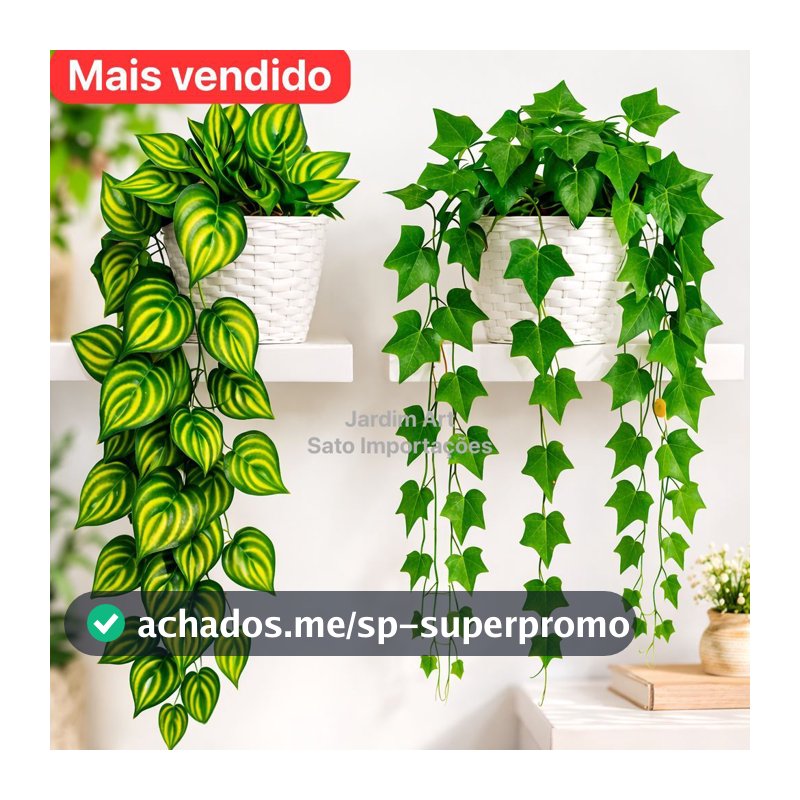 1 Planta Artificial Hera Ivy Pendente + Vaso Vime Trançado BRANCO Arranjo Decorativo Completo Suspenso PT11BRANCO