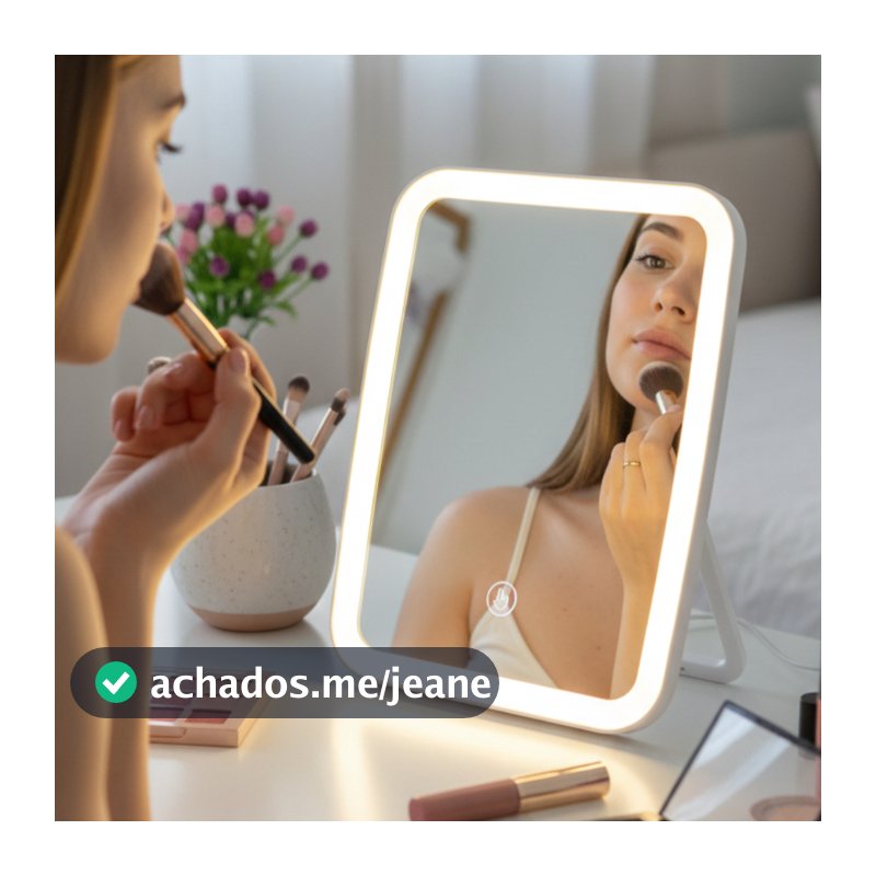 Espelho Maquiagem C/ Led E Com Base Suporte De Mesa com Luz 3 Tons Recarregável USB Controle por Toque Dobrável