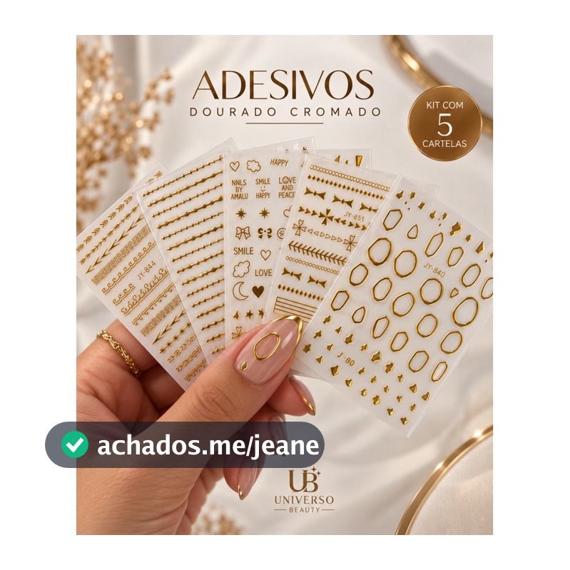 Kit 5 Cartelas Adesivos de Unha Dourado Cromado Nail Art Decorativo Moderno Autocolante
