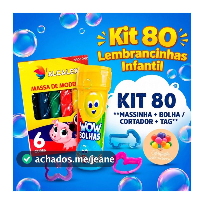 Kit 80 Itens - 20 Massinha + 20 bolha de sabão +  20 Cortador + 20 Tags Lembrancinhas de aniversário Infantil
