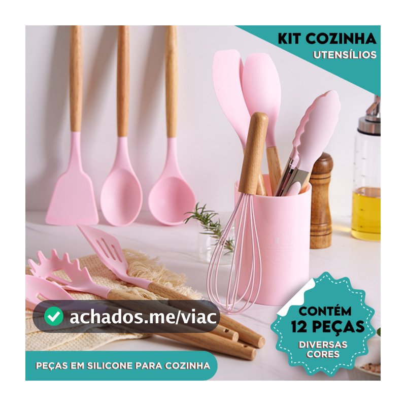 Kit Utensílios de Cozinha Silicone Cabo Madeira Resistente Calor Espátula Colher Antiaderente 4 5 ou 12 Peças