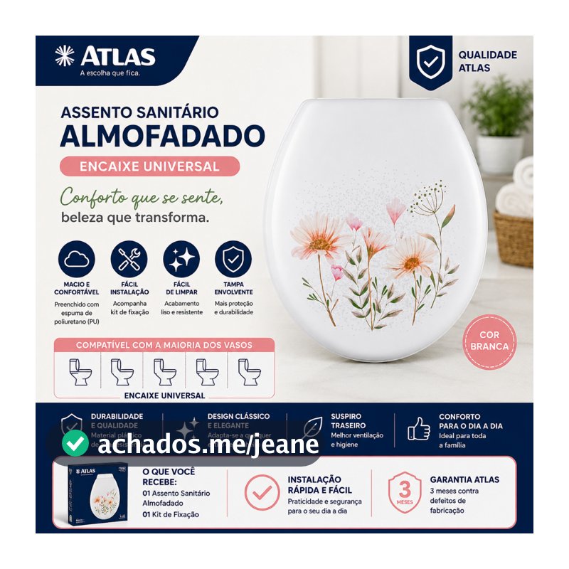 Assento Sanitário Almofadado Atlas Estampado Floral Branco Encaixe Universal