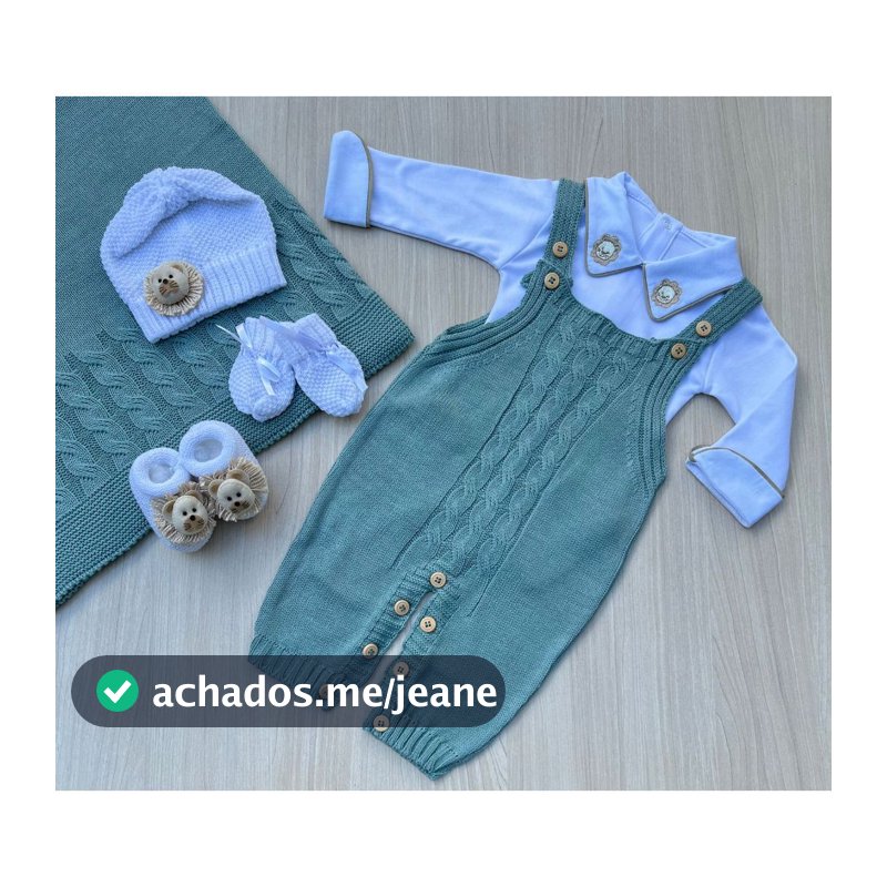Saída de Maternidade Menino Jardineira Verde Maré Leão Tricot Completa