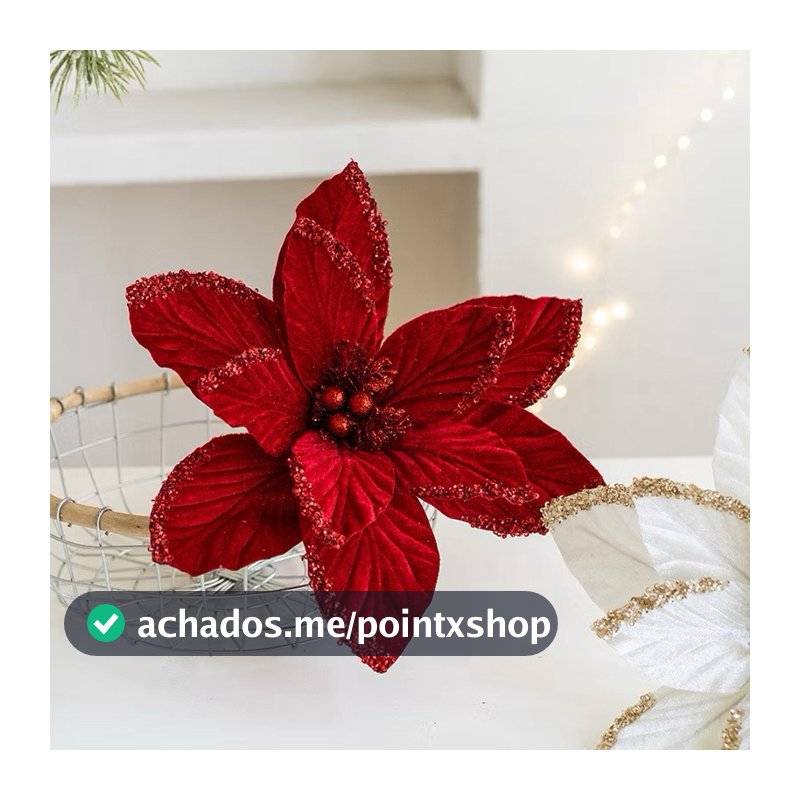 Enfeite De Natal Galho Flor Vermelho Com Glitter 25CM Decoração Para Árvore