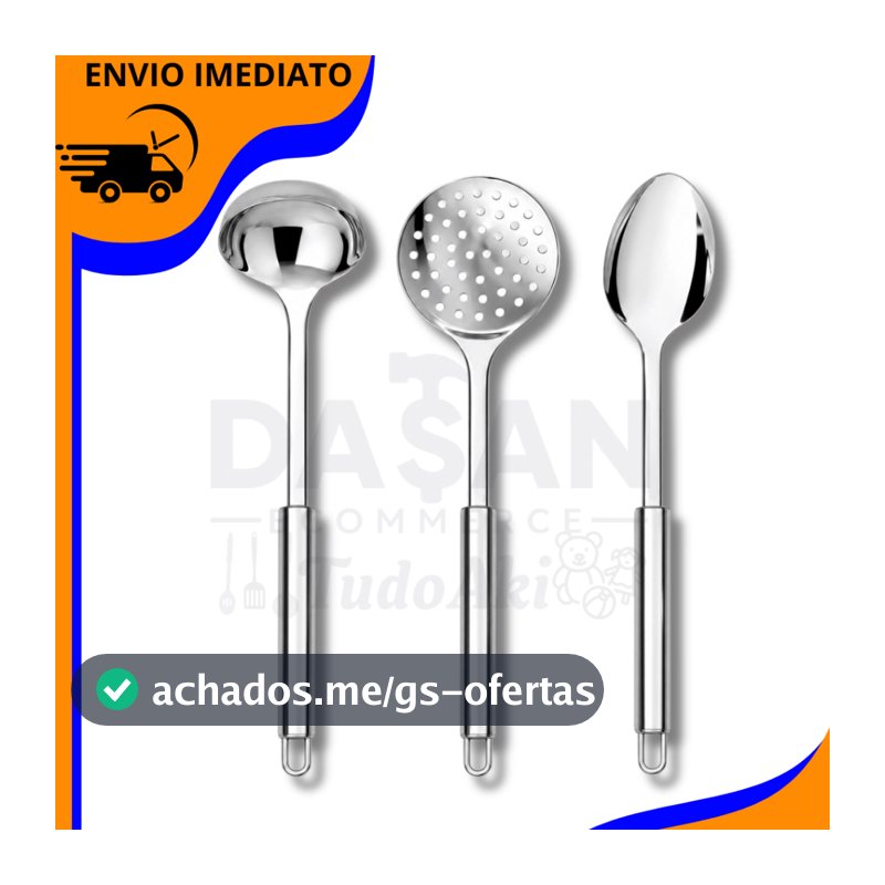 Kit 3 Utensílios De Cozinha Inox Premium Completo, Colher, Concha, Escumadeira