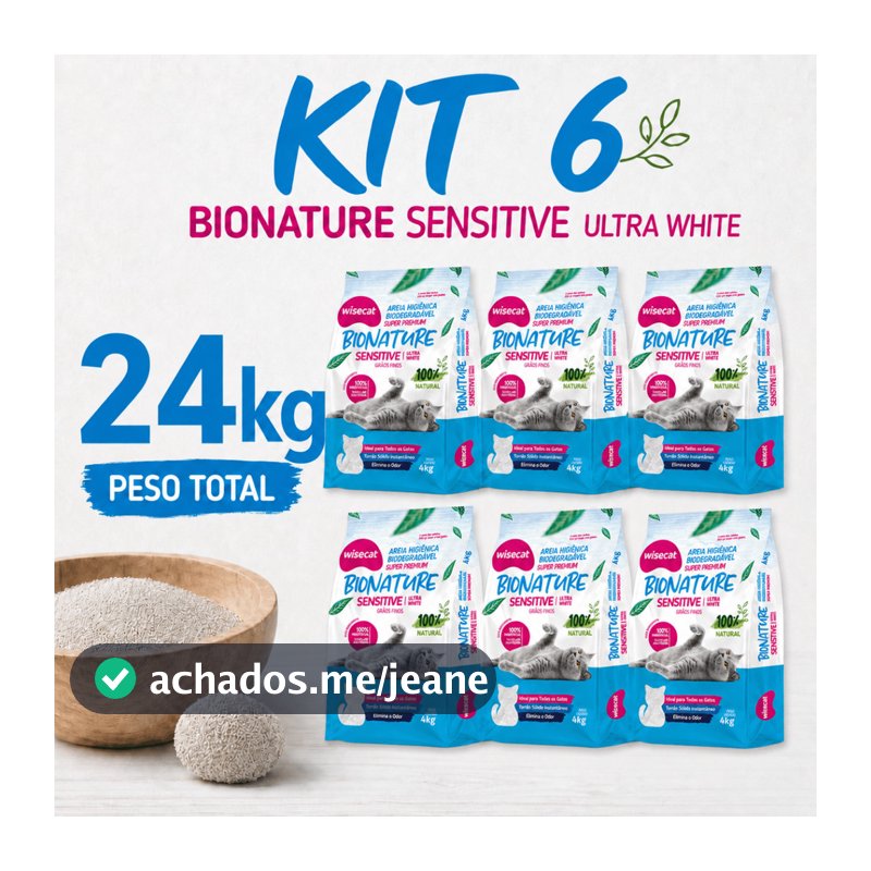 Kit 6 Areia FARDO Sanitária De Mandioca 4kg Grãos Finos Para Gatos Biodegradável Wisecat 24kg
