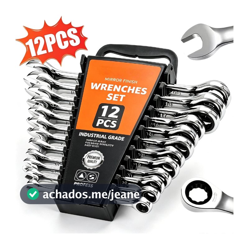 Kit 12 Chaves Combinadas com Catraca Aço Cromo Vanádio Placado Espelho Resistente, 6mm a 19mm para Oficina Mecânica