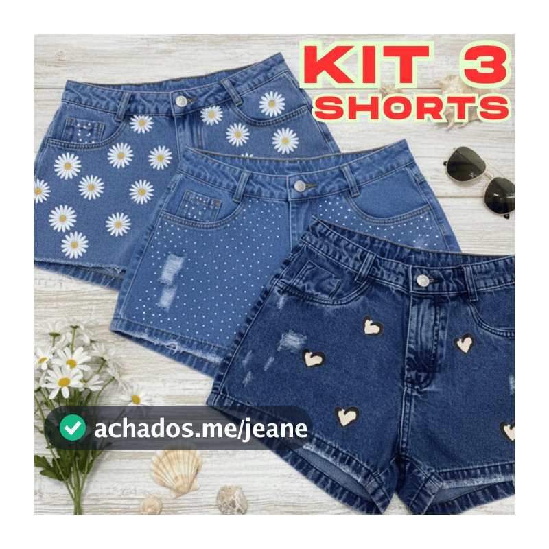 Kit 3 Shorts Jeans Feminino Cintura Alta Estampado Fashion
