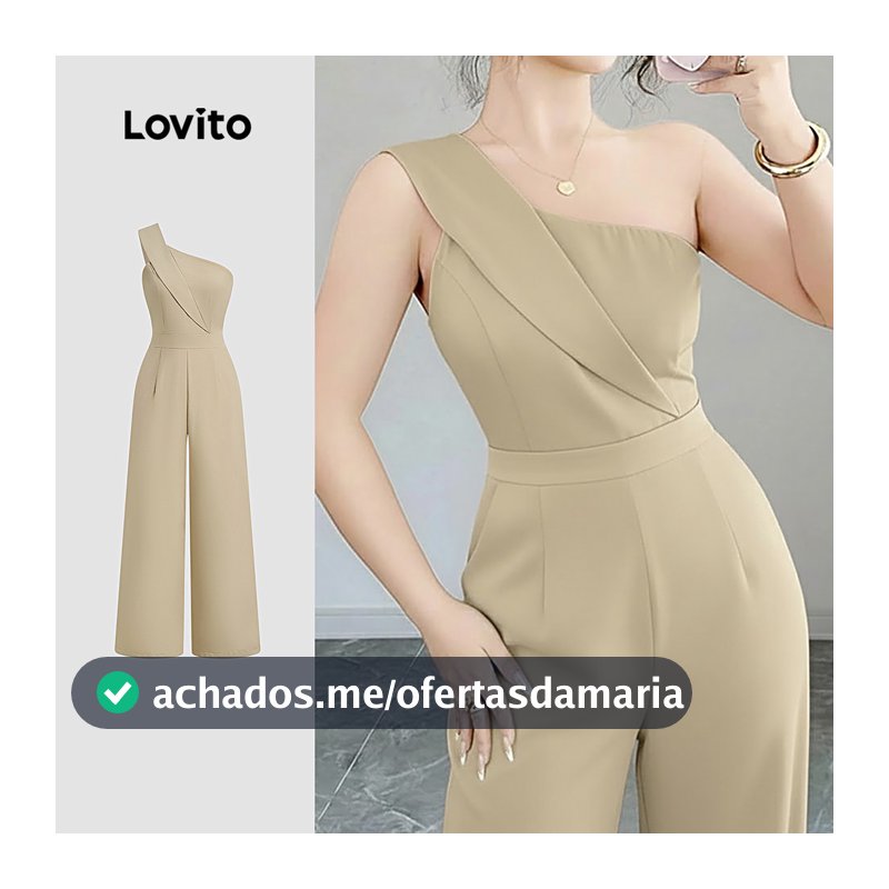 Lovito Cintura Alta Elegante Macacão Assimétrico Cáqui Para Primavera E Verão Para Mulheres L171ED572