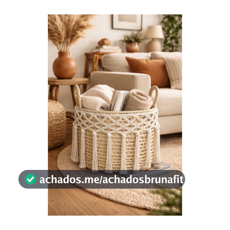 Cesto Organizador em Palha Natural |Canastrinha com macramê 25cm x 25 cm