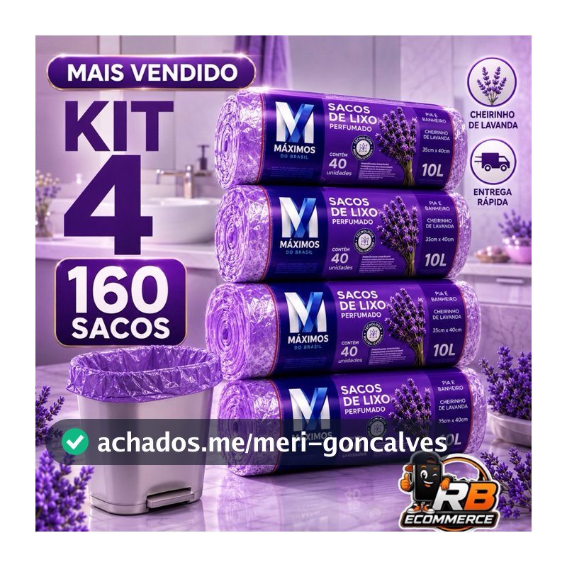 Kit 4 Sacos de Lixo Perfumados Lavanda | 160 Sacos | Pia e Banheiro | 34x38cm | Neutraliza Odores