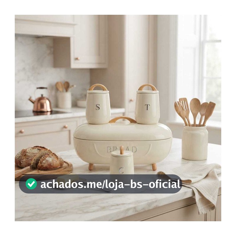 Kit Porta Pão E 3 Potes Mantimentos Café Açúcar Chá Metal Lata Organizador Cozinha Com Alça Madeira