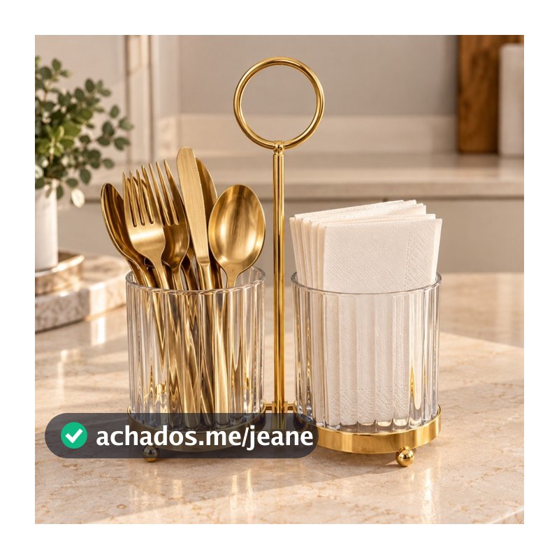 Organizador Porta Talheres e Guardanapos em Acrílico com Suporte Dourado e Alça para Mesa e Cozinha
