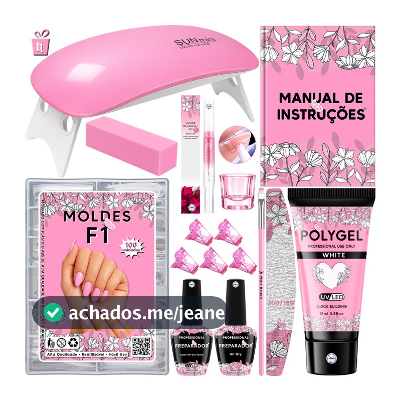 Kit Alongamento De Unha Polygel Cabine Estufa Sun Mini 6w + Top Coat + Primer + 100 Moldes F1Gel/Acrigel/Porcelana
