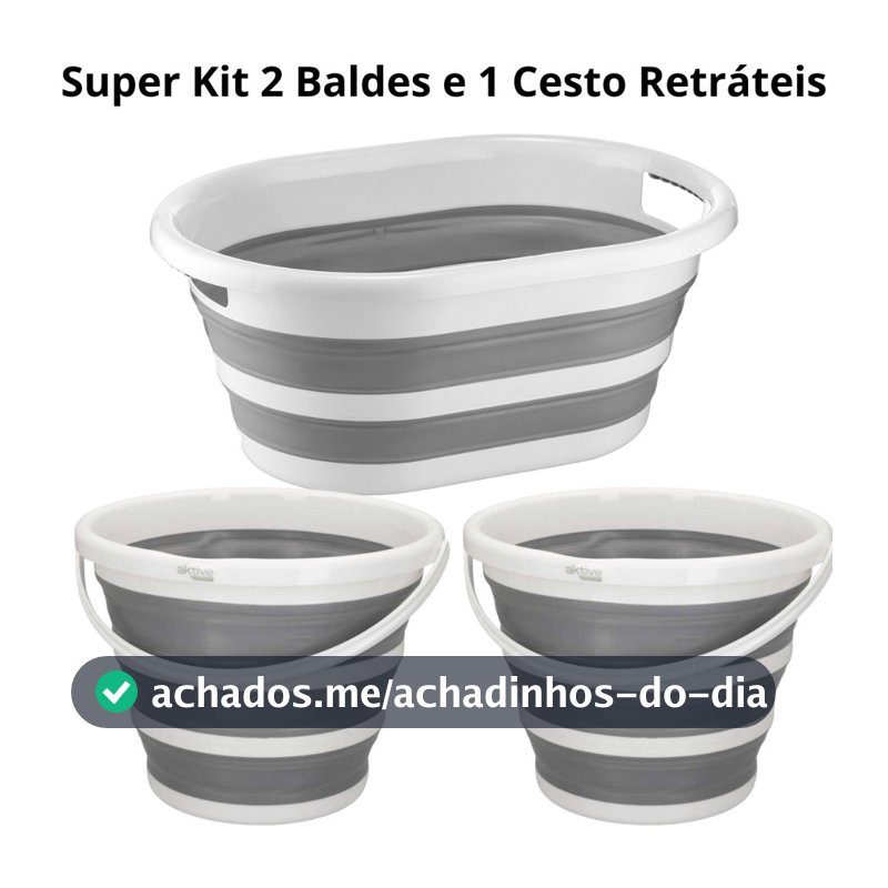Kit Com 1 Cesto De 26 Litros Retrátil de Silicone E 2 Baldes 10 Litros Retrátil Dobrável Powermaid