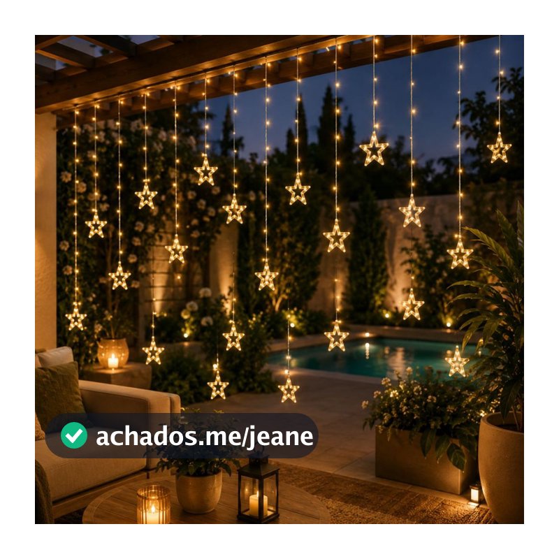 Cascata de Natal Estrelas Bivolt Leds com 8 Funções em cores Branco Quente e Pisca Pisca
