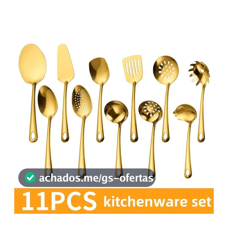Kit 11 Peças Utensílios de Cozinha Dourado - Espátula Colher Concha Escumadeira Pegador de Pizza
