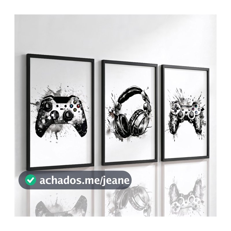 Quadro Decorativos 3 peças Vídeo Game Controle Preto e Branco