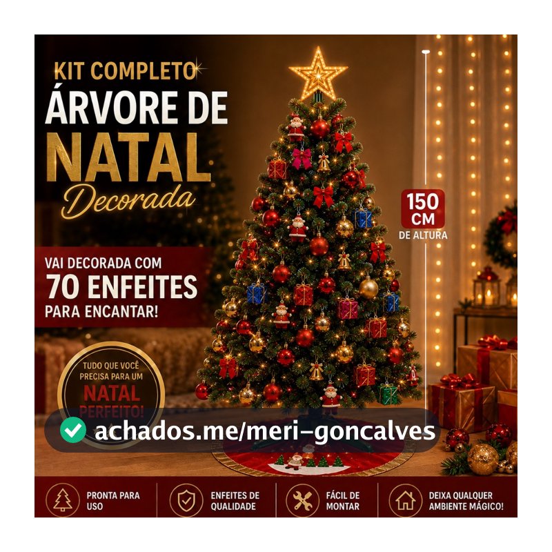 Arvore de Natal Decorada 150cm 220 Galhos + 70 Enfeites Completa Enfeitada Pinheiro Verde Pisca Led Decoração Top
