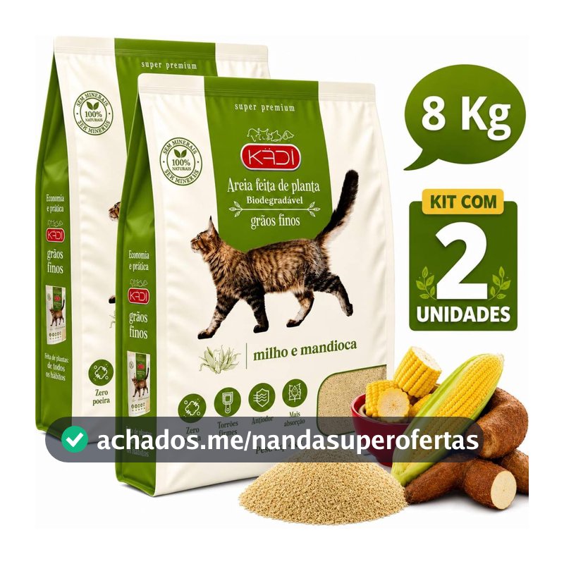 Kit 02 Areia Grãos Finos Milho Mandioca Kadi De 4 Kg Biodegradáveis Para Gato