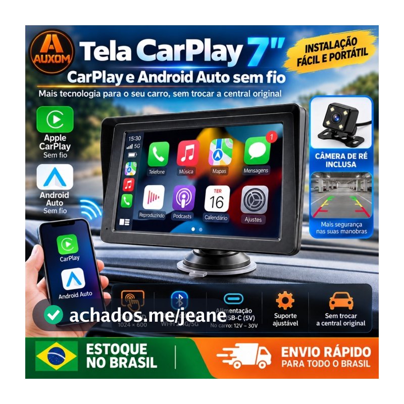 AUXOM Tela CarPlay Portátil 7" MP5 Touch Android Auto Sem Fio Bluetooth 5.0 Wi-Fi + Câmera de Ré