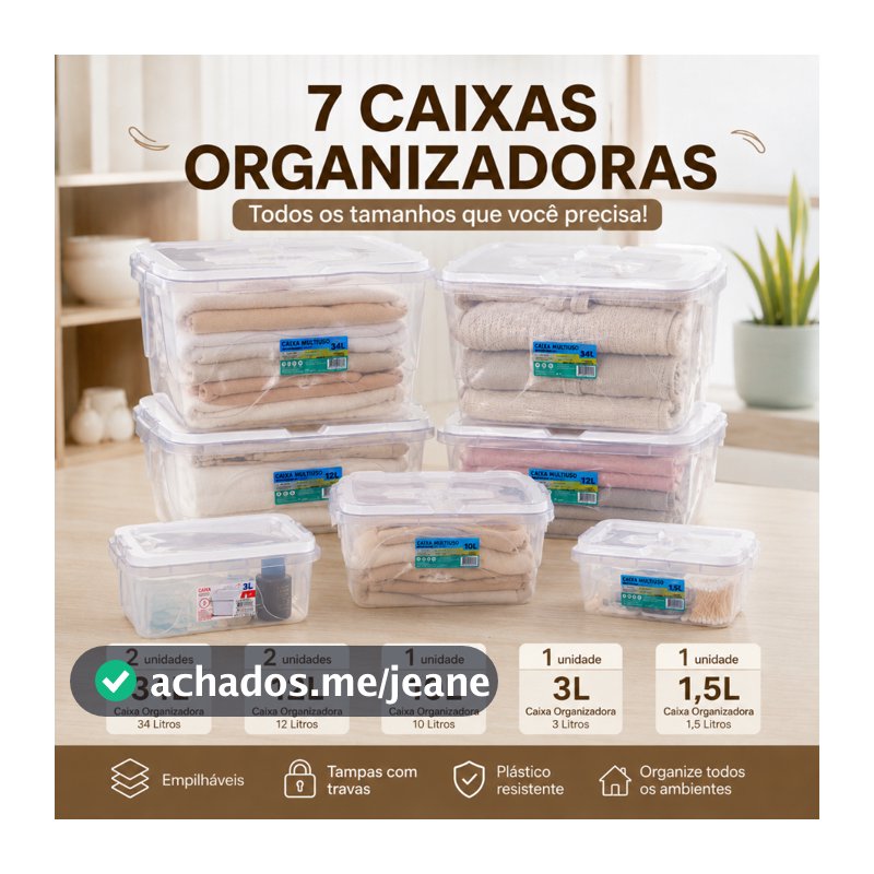 Kit Caixas Container Organizadoras 7 Peças Vários Tamanhos 34L 12L 10L 3L 1,5L