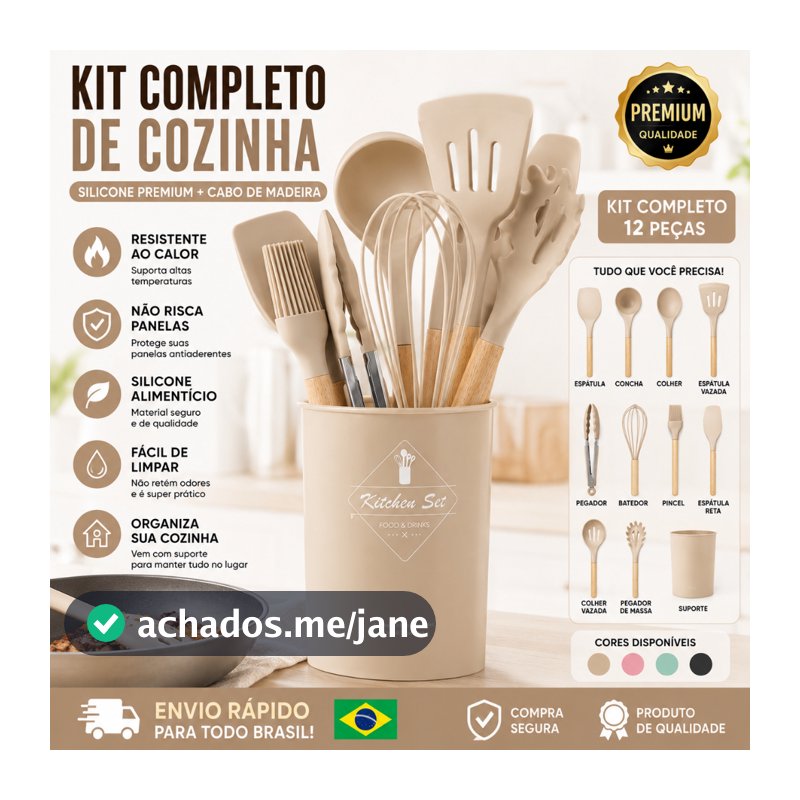 Jogo de Cozinha Kit C/12 Peças de Silicone Utensílios e Copo Suporte para Cozinha Cabo de Madeira zhen
