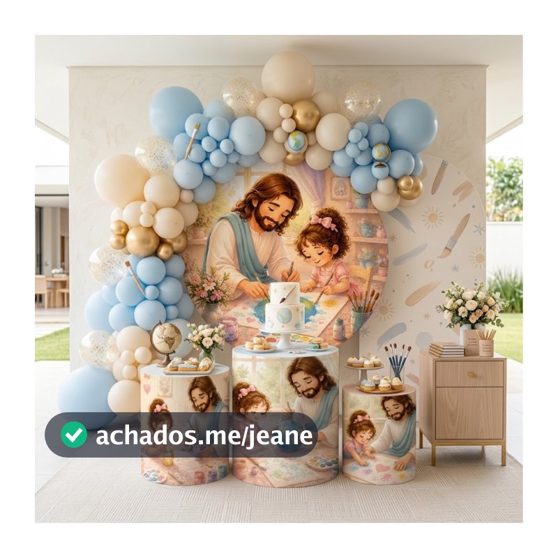 Capa Painel Redondo Trio Cilindro Jesus e Criança Decoração Festa Infantil Cristã Veste Fácil Oferta