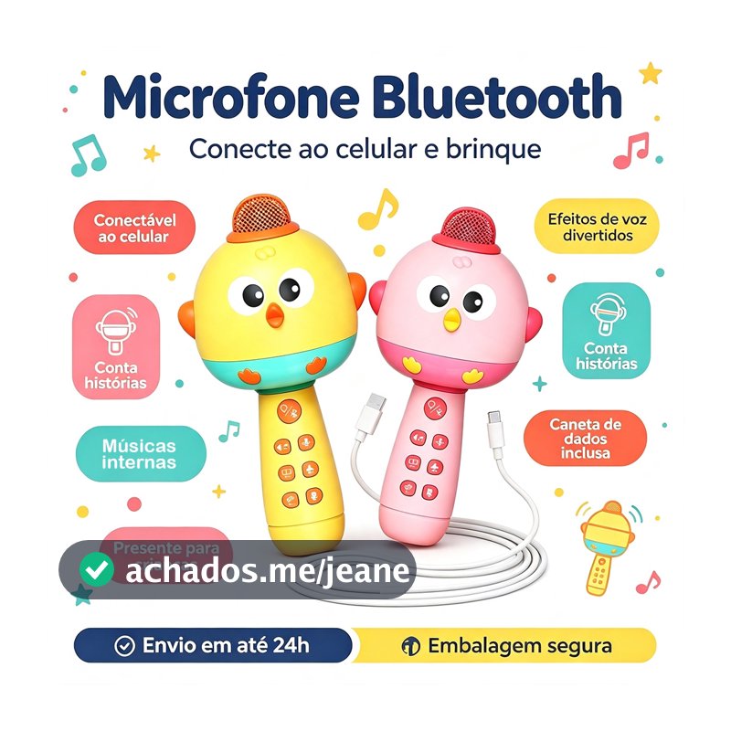 Microfone infantil conectável ao celular, luzes LED e karaokê, para acima de 3 anos