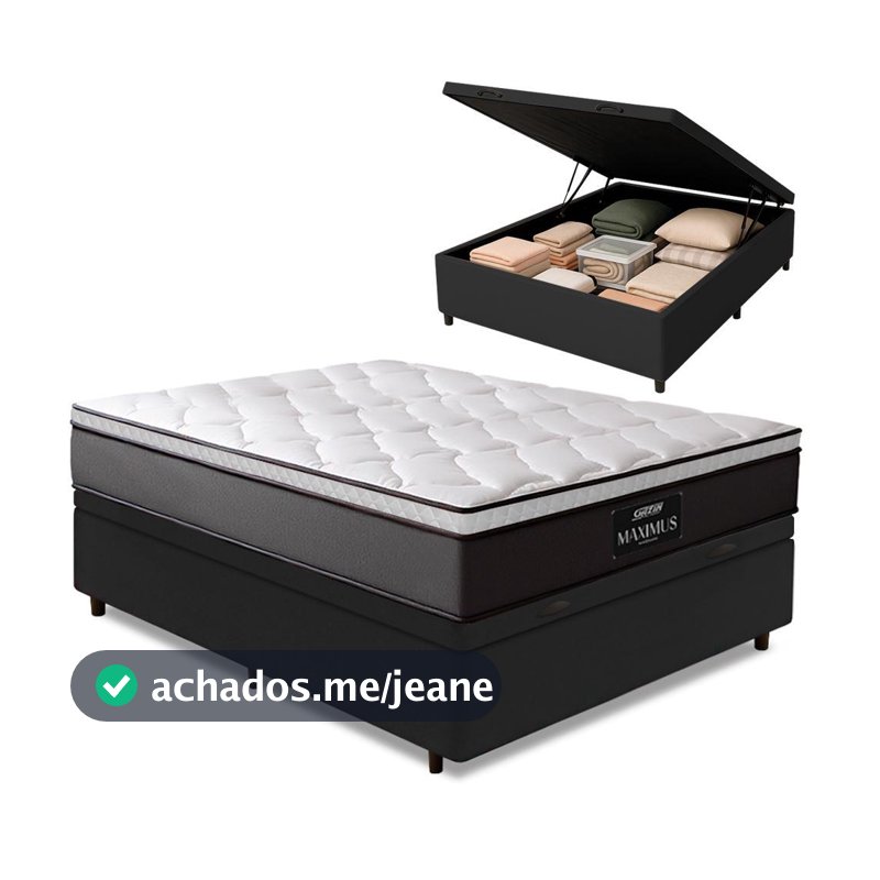 Cama Box Baú Casal Colchão Gazin Maximus Molas Ensacadas 138x188x65cm Cinza / Preto - Suporta até 120kg por Pessoa