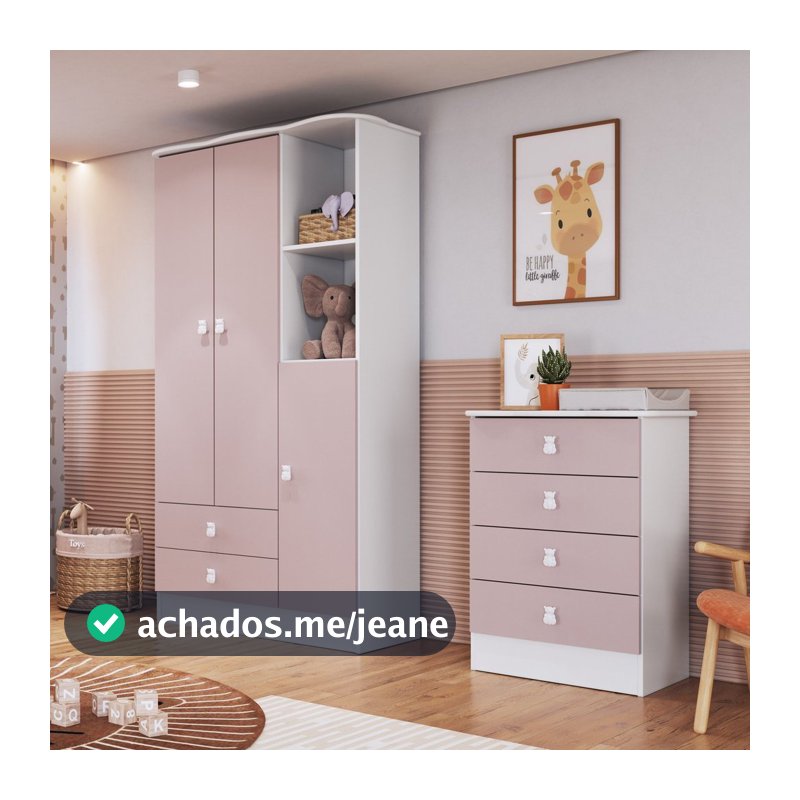 Quarto de Bebê Completo com Guarda-Roupa e Cômoda Arco-Íris Rosa/Branco Rosa