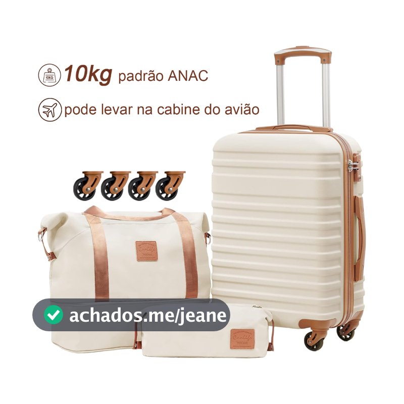 Kit de Malas de Viagem 10kg e 5kg em ABS, 3 Peças com Rodas 360°, Cadeado e Sistema Antifurto