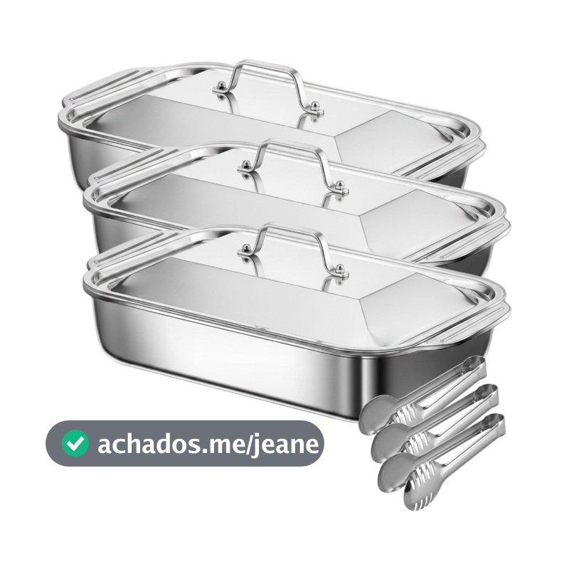 Kit Assadeiras Retangulares Aço Inox 38L com Tampa e Pegador para Fogão e Forno