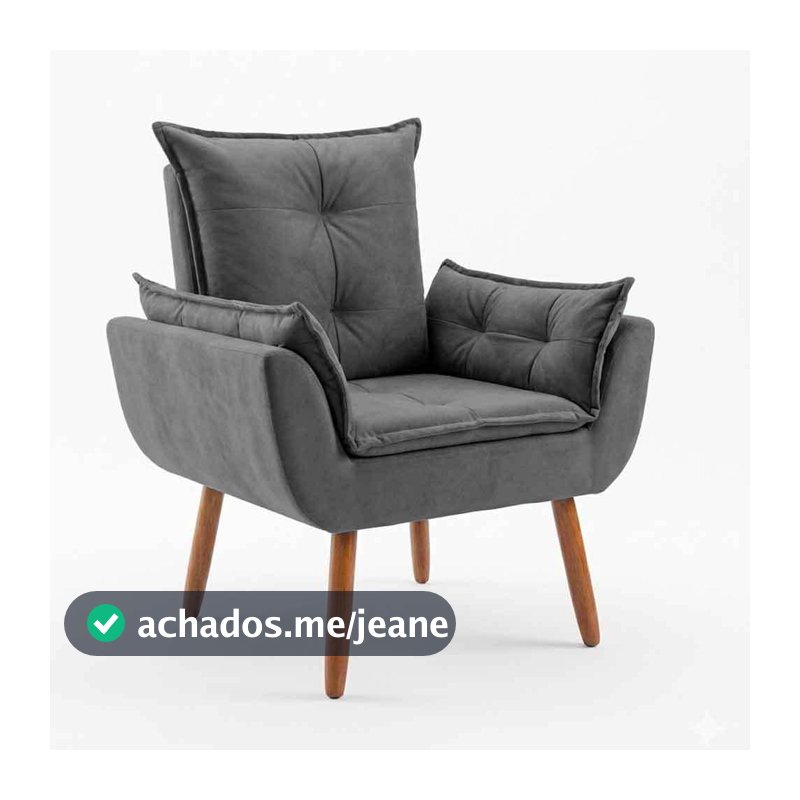 Poltrona Opala Decorativa Pés Palito Castanho Luxo Suede Cinza Chumbo
