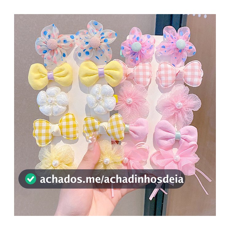 Kit com 10 Grampos de Cabelo – Laços e Flores de Tecido para Meninas (Estilo Princesa)