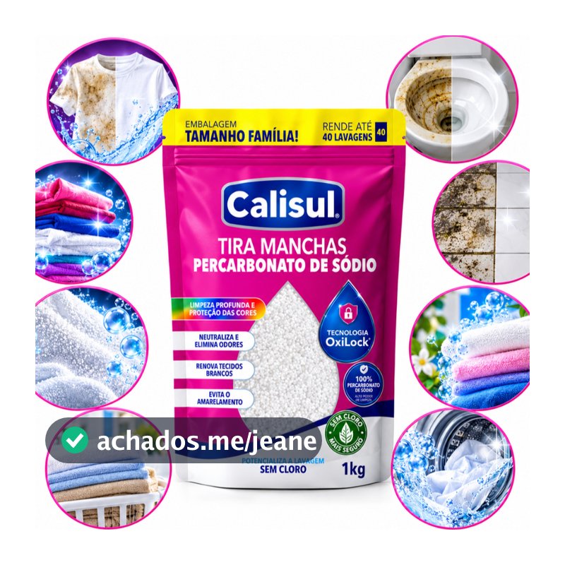 Percarbonato de Sódio 1kg Calisul Tira Manchas Alvejante Sem Cloro Roupas Brancas e Coloridas 100%