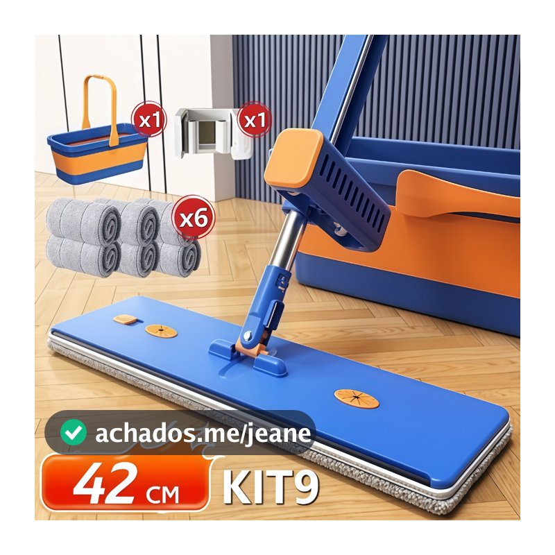 KIT 9 Esfregão Lazy Mop Seco Molhado Absorvente Dobrável com Balde Raspador Não Precisa Enxaguar