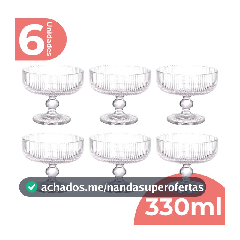 Jogo 6 Taça Sobremesa Vidro Sorvete Açai 330ml Canelado Luxo
